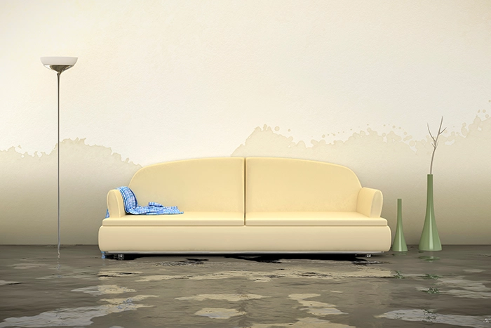 Professional Water Damage Restoration in Garden City, Missouri - Photo of a couch surrounded by water in a living room that has been effected by flooding.